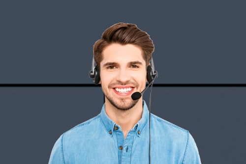 dark haired man with headset answering phone ABS, Elite Business Systems, AL, Toshiba, Xerox, Canon, Lexmark, Ricoh, KIP, Dealer, Reseller, Service contact us